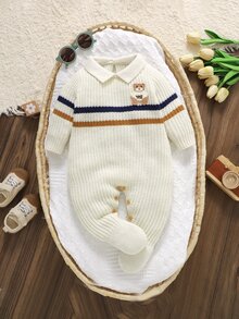 SHEIN 新生兒條紋泰迪熊刺繡拼接針織連身衣，翻領連腳連身衣，柔軟針織嬰兒連身套裝，春秋冬季嬰兒外穿，復古配色可愛百搭嬰幼兒連身褲 - 彩色 - 查看 10