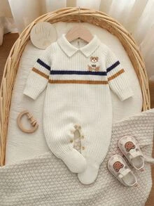 SHEIN 新生兒條紋泰迪熊刺繡拼接針織連身衣，翻領連腳連身衣，柔軟針織嬰兒連身套裝，春秋冬季嬰兒外穿，復古配色可愛百搭嬰幼兒連身褲 - 彩色 - 查看 4