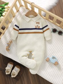 SHEIN 新生兒條紋泰迪熊刺繡拼接針織連身衣，翻領連腳連身衣，柔軟針織嬰兒連身套裝，春秋冬季嬰兒外穿，復古配色可愛百搭嬰幼兒連身褲 - 彩色 - 查看 11