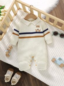 SHEIN 新生兒條紋泰迪熊刺繡拼接針織連身衣，翻領連腳連身衣，柔軟針織嬰兒連身套裝，春秋冬季嬰兒外穿，復古配色可愛百搭嬰幼兒連身褲 - 彩色 - 查看 6