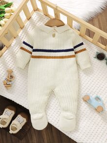SHEIN 新生兒條紋泰迪熊刺繡拼接針織連身衣，翻領連腳連身衣，柔軟針織嬰兒連身套裝，春秋冬季嬰兒外穿，復古配色可愛百搭嬰幼兒連身褲 - 彩色 - 查看 2