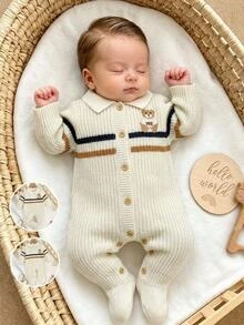 SHEIN 新生兒條紋泰迪熊刺繡拼接針織連身衣，翻領連腳連身衣，柔軟針織嬰兒連身套裝，春秋冬季嬰兒外穿，復古配色可愛百搭嬰幼兒連身褲 - 彩色 - 查看 1