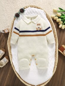 SHEIN 新生兒條紋泰迪熊刺繡拼接針織連身衣，翻領連腳連身衣，柔軟針織嬰兒連身套裝，春秋冬季嬰兒外穿，復古配色可愛百搭嬰幼兒連身褲 - 彩色 - 查看 5