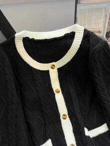 GlowEve CURVE Plus Size Women Autumn/Winter Minimalist Casual Daily Commute Colorblock Twisted Rope Crew Neck Long Sleeve Single-Breasted Knit Cardigan Sweater - Black - View 7
