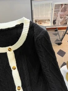 GlowEve CURVE Plus Size Women Autumn/Winter Minimalist Casual Daily Commute Colorblock Twisted Rope Crew Neck Long Sleeve Single-Breasted Knit Cardigan Sweater - Black - View 6