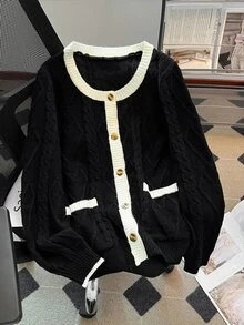 GlowEve CURVE Plus Size Women Autumn/Winter Minimalist Casual Daily Commute Colorblock Twisted Rope Crew Neck Long Sleeve Single-Breasted Knit Cardigan Sweater - Black - View 1
