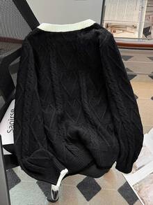 GlowEve CURVE Plus Size Women Autumn/Winter Minimalist Casual Daily Commute Colorblock Twisted Rope Crew Neck Long Sleeve Single-Breasted Knit Cardigan Sweater - Black - View 2