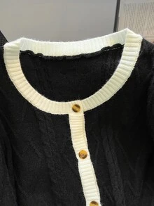 GlowEve CURVE Plus Size Women Autumn/Winter Minimalist Casual Daily Commute Colorblock Twisted Rope Crew Neck Long Sleeve Single-Breasted Knit Cardigan Sweater - Black - View 8