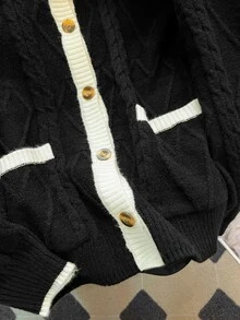GlowEve CURVE Plus Size Women Autumn/Winter Minimalist Casual Daily Commute Colorblock Twisted Rope Crew Neck Long Sleeve Single-Breasted Knit Cardigan Sweater - Black - View 3