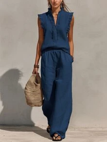 SHEIN Holidaya 杏色竹纖維亞麻荷葉邊百褶女款兩件套，杏色兩件套，度假穿搭，通勤穿著 - 藏蓝色 - 查看 4