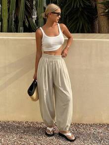DAZY Women's Loose Solid Color Cropped Pants, Casual Vacation Pants For Summer - Light Grey - View 3