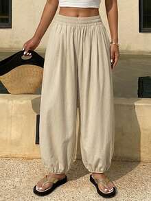 DAZY Women's Loose Solid Color Cropped Pants, Casual Vacation Pants For Summer - Light Grey - View 4