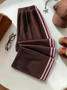 SHEIN Sparklyn 青少年女孩寬腿大尺碼美式休閒寬鬆運動長褲 夏季校園運動款 棕色、粉色、海軍藍、橄欖綠 - 咖啡棕 - 查看 3