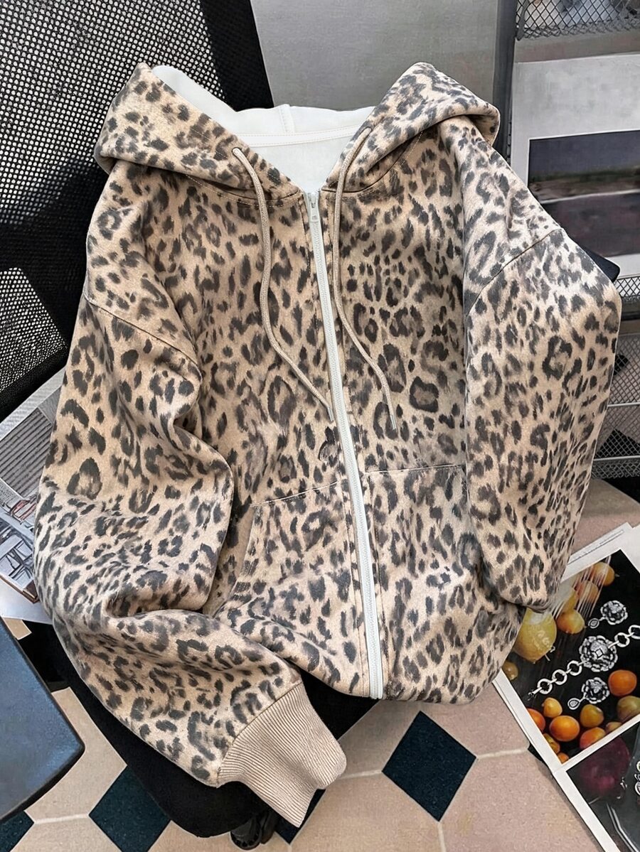 Resyla 秋季戶外上衣,卡其色經典豹紋圖案,圖案設計,大尺碼女款拉鍊夾克,休閒百搭,戶外穿著,通勤風格,舒適 - 彩色 - 查看 1