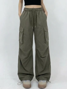 DAZY Women's Drawstring Waist Cargo Pants, Fall - Green - View 5