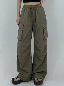 DAZY Women's Drawstring Waist Cargo Pants, Fall - Green - View 3