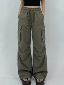 DAZY Women's Drawstring Waist Cargo Pants, Fall - Green - View 2