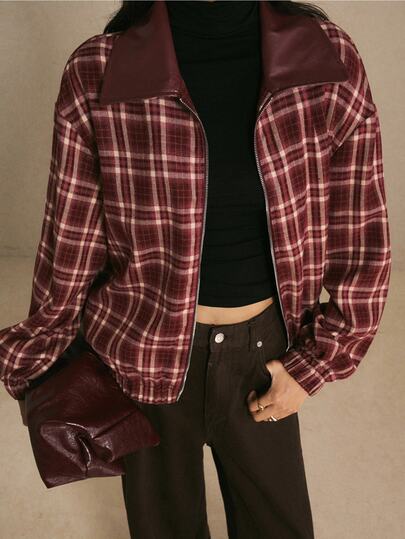 Poéselle Women's Thick Plaid Contrast Lapel Jacket, Casual Long Sleeve Coat For Fall Winter Campus, Office, Christmas & New Year Outfits