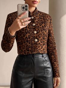 Structelle Jaket Wol Pendek Lengan Panjang Berkerah Tegak Motif Leopard Elegan dengan Kancing Logam Satu Baris untuk Wanita, Warna Cokelat, Cocok untuk Acara Musim Gugur. - MultiWarna - View 6