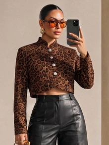 Structelle Jaket Wol Pendek Lengan Panjang Berkerah Tegak Motif Leopard Elegan dengan Kancing Logam Satu Baris untuk Wanita, Warna Cokelat, Cocok untuk Acara Musim Gugur. - MultiWarna - View 1