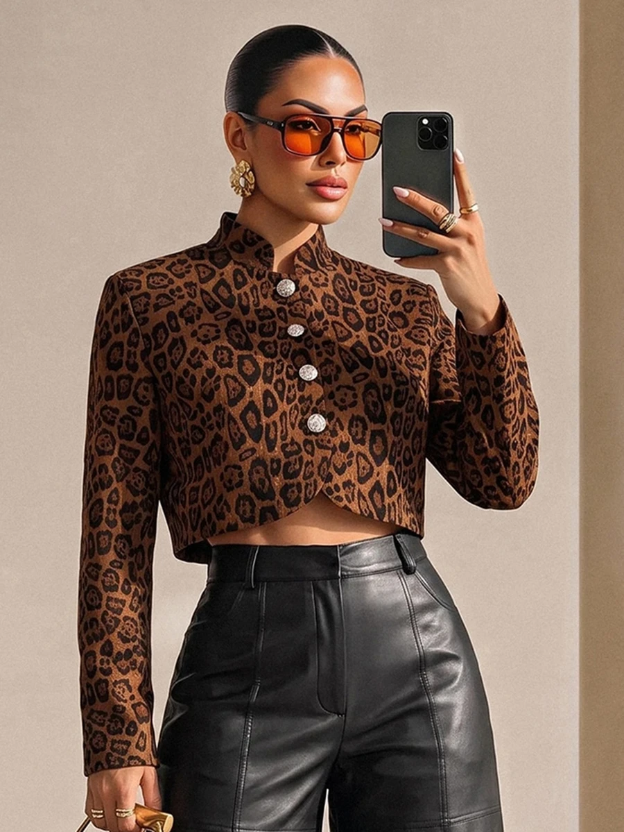 Structelle Jaket Wol Pendek Lengan Panjang Berkerah Tegak Motif Leopard Elegan dengan Kancing Logam Satu Baris untuk Wanita, Warna Cokelat, Cocok untuk Acara Musim Gugur. - MultiWarna - View 1