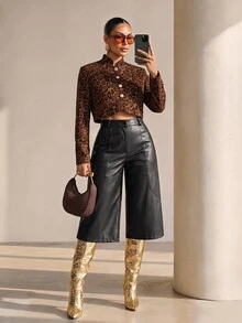 Structelle Jaket Wol Pendek Lengan Panjang Berkerah Tegak Motif Leopard Elegan dengan Kancing Logam Satu Baris untuk Wanita, Warna Cokelat, Cocok untuk Acara Musim Gugur. - MultiWarna - View 3