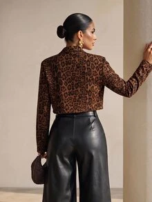 Structelle Jaket Wol Pendek Lengan Panjang Berkerah Tegak Motif Leopard Elegan dengan Kancing Logam Satu Baris untuk Wanita, Warna Cokelat, Cocok untuk Acara Musim Gugur. - MultiWarna - View 2