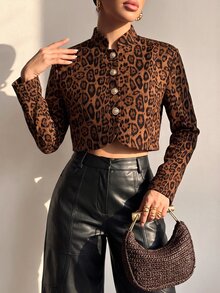 Structelle Jaket Wol Pendek Lengan Panjang Berkerah Tegak Motif Leopard Elegan dengan Kancing Logam Satu Baris untuk Wanita, Warna Cokelat, Cocok untuk Acara Musim Gugur. - MultiWarna - View 4