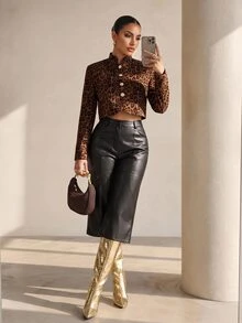 Structelle Jaket Wol Pendek Lengan Panjang Berkerah Tegak Motif Leopard Elegan dengan Kancing Logam Satu Baris untuk Wanita, Warna Cokelat, Cocok untuk Acara Musim Gugur. - MultiWarna - View 7