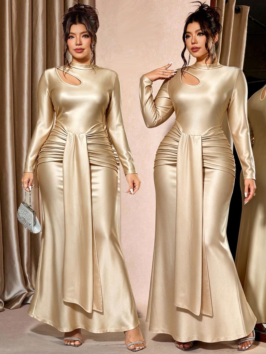 Cravure Plus Size Women's Semi-High Neck Hollow Waist Ruched Tie Belly-Covering Fishtail Maxi Dress Halloween - Champagne - View 1