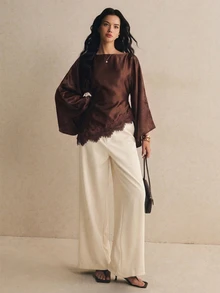 Poéselle Women Contrast Lace Flare Sleeve Brown Elegant Blouse,Winter - Brown - View 7