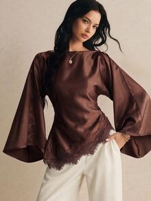 Poéselle Women Contrast Lace Flare Sleeve Brown Elegant Blouse,Winter - Brown - View 5