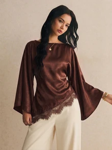Poéselle Women Contrast Lace Flare Sleeve Brown Elegant Blouse,Winter - Brown - View 4