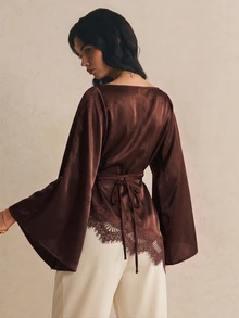 Poéselle Women Contrast Lace Flare Sleeve Brown Elegant Blouse,Winter - Brown - View 2