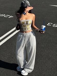 DAZY Women's Casual Loose Drawstring Wide Leg Sweatpants Women Joggers Cute Tops - Light Grey - View 3