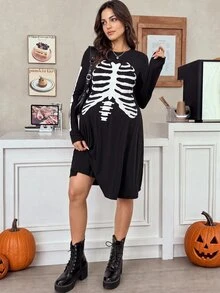 SHEIN Gaun Kasual Lengan Panjang Leher Bulat Motif Tengkorak untuk Ibu Hamil, Motif Tengkorak, Musim Gugur - Hitam - View 3