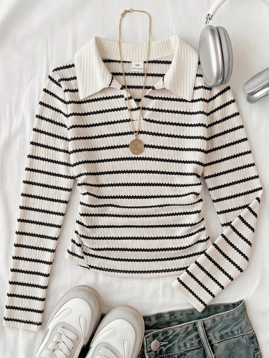 SHEIN 青少年女孩 V 領長袖條紋針織修身 Polo 領短版抽褶腰 T-shirt 休閒上衣,4 款設計隨機 1 件 - 黑與白 - 查看 1