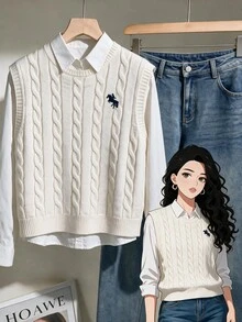 Modelyn Rompi Rajut Kasual Leher Bulat Motif Berkuda Wanita Ukuran Besar - Aprikot - View 1
