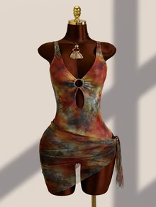 SHEIN Swim 豹纹随机深V性感连体泳衣，女士两件套，含网纱裹裙，沙滩度假性感泳装 - 彩色 - 查看 2