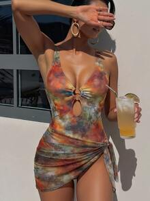SHEIN Swim 豹纹随机深V性感连体泳衣，女士两件套，含网纱裹裙，沙滩度假性感泳装 - 彩色 - 查看 1