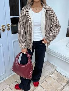 DAZY Women's Regular Fit Loose Thermal Lined Wool Jacket, Brown Colorblock With Argyle Geometric Pattern, Business Casual Style For Office, Outdoor And Street Wear, Autumn/Winter Plaid - Brown - View 8