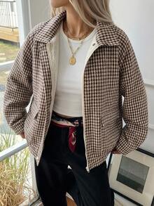 DAZY Women's Regular Fit Loose Thermal Lined Wool Jacket, Brown Colorblock With Argyle Geometric Pattern, Business Casual Style For Office, Outdoor And Street Wear, Autumn/Winter Plaid - Brown - View 1