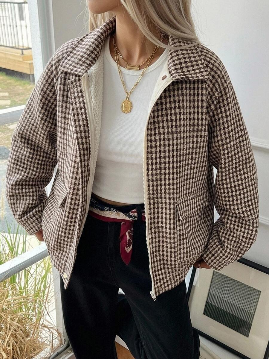 DAZY Women's Regular Fit Loose Thermal Lined Wool Jacket, Brown Colorblock With Argyle Geometric Pattern, Business Casual Style For Office, Outdoor And Street Wear, Autumn/Winter Plaid - Brown - View 1