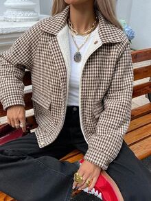 DAZY Women's Regular Fit Loose Thermal Lined Wool Jacket, Brown Colorblock With Argyle Geometric Pattern, Business Casual Style For Office, Outdoor And Street Wear, Autumn/Winter Plaid - Brown - View 7
