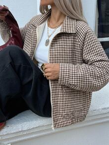 DAZY Women's Regular Fit Loose Thermal Lined Wool Jacket, Brown Colorblock With Argyle Geometric Pattern, Business Casual Style For Office, Outdoor And Street Wear, Autumn/Winter Plaid - Brown - View 6