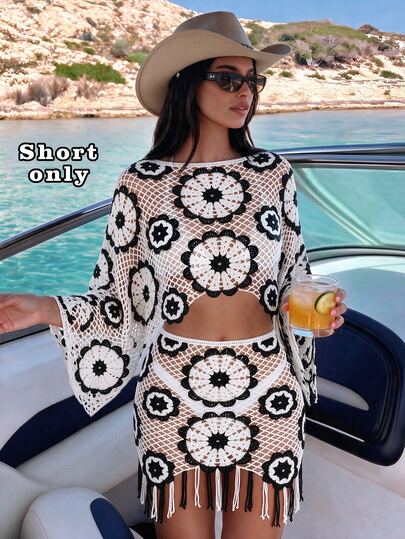 Swim SXY Women's Summer Bohemian Style Vintage Tassel Round Black & White Floral Pattern Beach Cover-Up Dress, Elegant Hollow Sexy Knitted Fitted Mini Skirt, Women's Water-Soluble Lace Floral Casual Holiday Beach Cover-Up Dress, Suitable For Vacation, Party, Date, Afternoon Tea, Cruise, Wedding Season, Music Festival, Cocktail