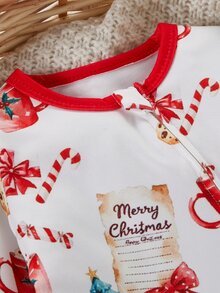 SHEIN 新生兒秋冬睡衣連身衣聖誕蝴蝶結連身褲 拉鍊長袖包腳印花卡通套裝 - 紅色 - 查看 4