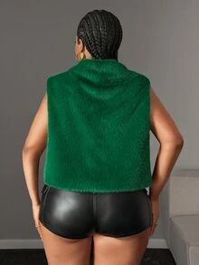 Maweii American Vintage High Neck Ruffled Faux Mink Fur Sleeveless Cropped Vest Top - Dark Green - View 2