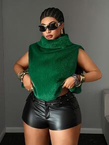 Maweii American Vintage High Neck Ruffled Faux Mink Fur Sleeveless Cropped Vest Top - Dark Green - View 4