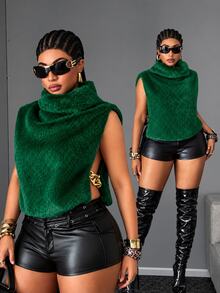 Maweii American Vintage High Neck Ruffled Faux Mink Fur Sleeveless Cropped Vest Top - Dark Green - View 1